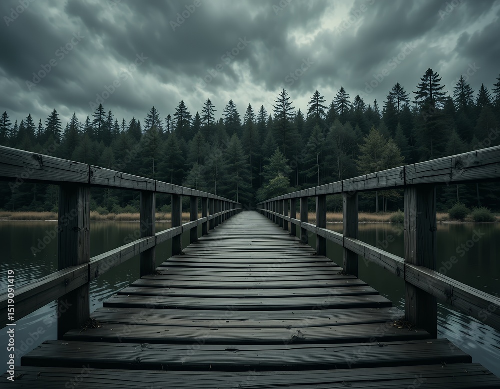 Fototapeta premium moody wooden bridge leading into dense dark evergreen forest during cloudy weather