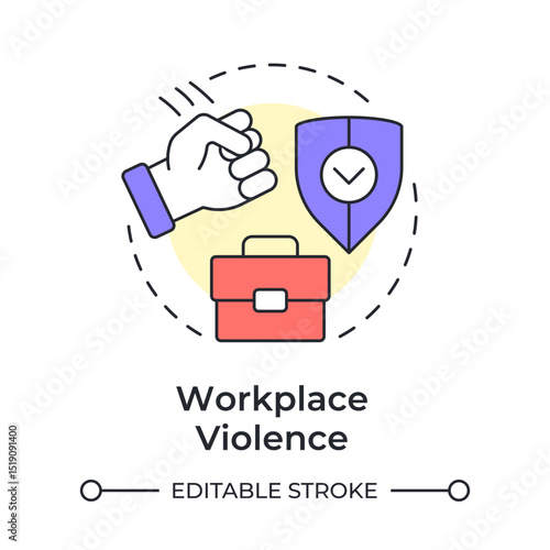 Workplace violence multi color concept icon. Physical security threat and risk. Damage of equipment. Round shape line illustration. Abstract idea. Graphic design. Easy to use in booklet