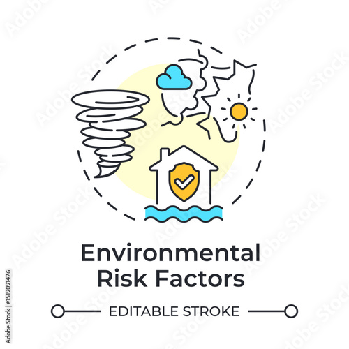 Environmental risk factors multi color concept icon. Physical security audit component. Natural disasters. Round shape line illustration. Abstract idea. Graphic design. Easy to use in booklet