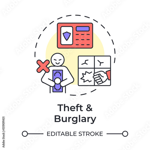 Theft and burglary multi color concept icon. Physical security threat and risk. Illegal removal of property. Round shape line illustration. Abstract idea. Graphic design. Easy to use in booklet