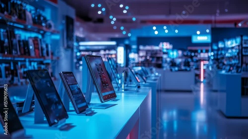 Wallpaper Mural Modern device retail space with glowing screens and neon lighting accents Torontodigital.ca