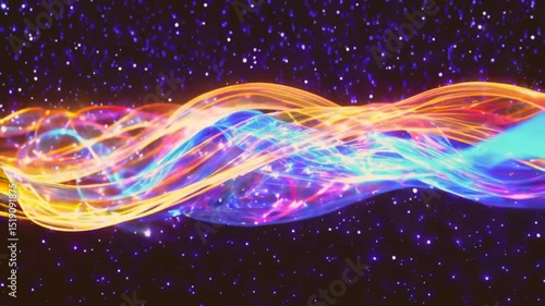 Abstract, swirling, colorful energy stream against a starry night sky.