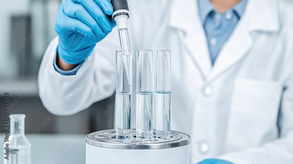 Fototapeta premium Laboratory Technician Filling Test Tubes with Water Using Pipette for Scientific Analysis in Modern Lab Environment