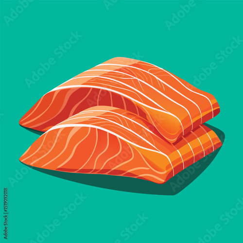 Salmon Filets: Two succulent salmon filets, glistening with an appetizing orange hue, are artfully arranged against a vibrant teal background.