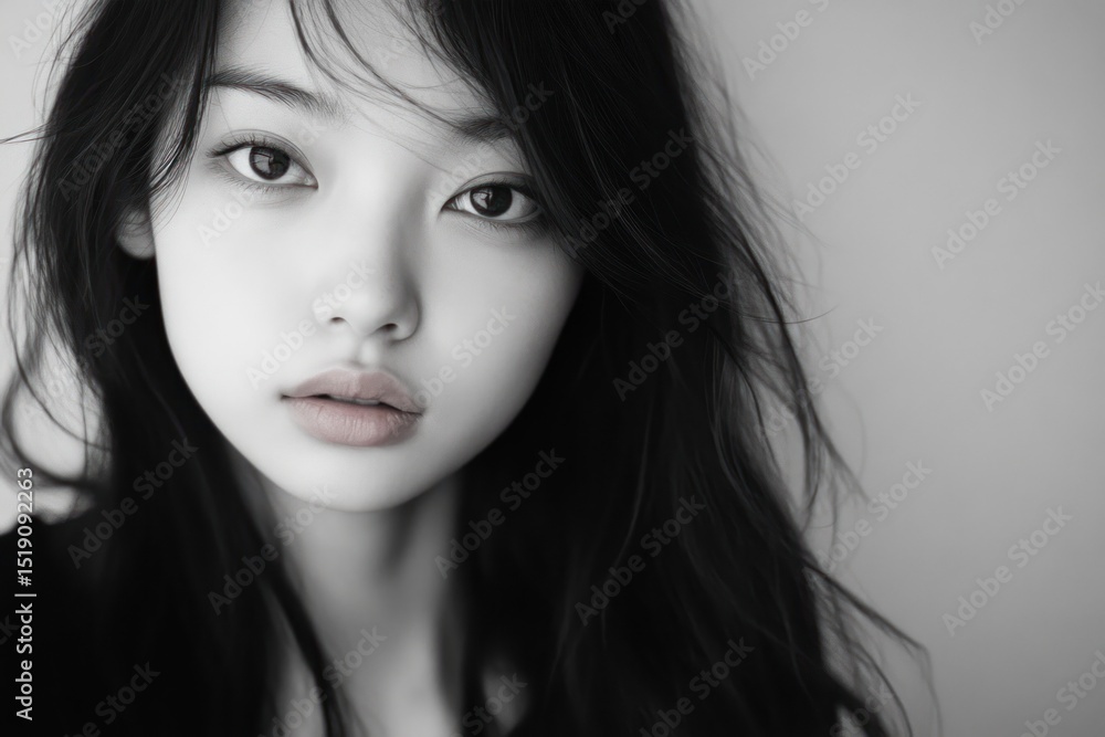 Fototapeta premium Fresh-faced beauty, young Asian woman, gentle touch on face, minimal background