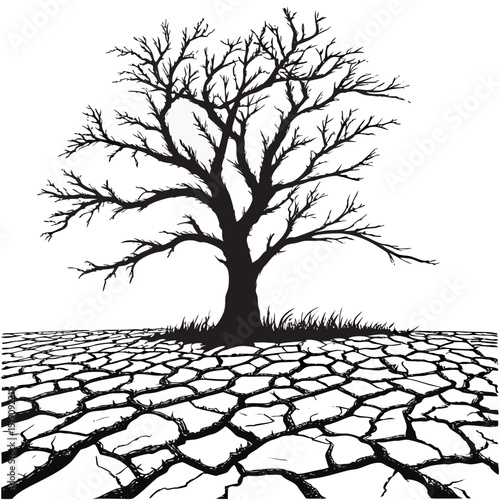 Barren Tree with Cracked Soil – Black & White Mood