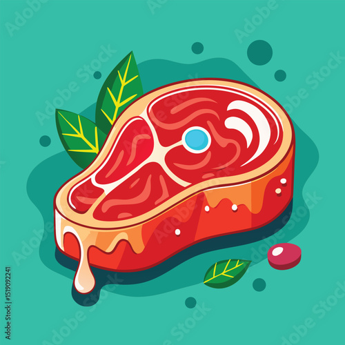 Juicy steak on a teal canvas: A mouthwatering illustration of a succulent steak, enhanced with fresh, vibrant leaves, presented on a teal background, showcasing culinary delight.