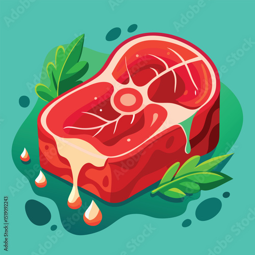 Illustration of a Raw Steak with Marbling and Dripping Fat