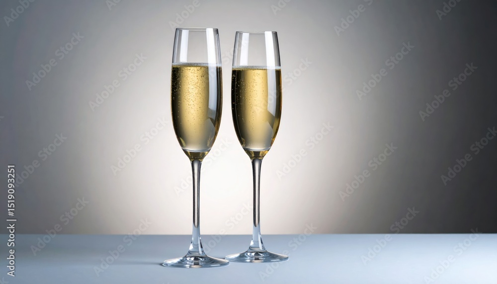 Two Champagne Flutes Filled With Sparkling Liquid Against a Grey Gradient Background Two Champagne Flutes Filled With Sparkling Liquid Against a Grey Gradient Background