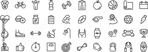 Fitness and Workout Line Icon Set – Exercise Equipment, Gym Activities, Healthy Lifestyle, and Sport Training line icon set