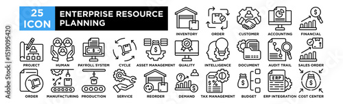 Enterprise resource planning icon collection set. Inventory Management, Order Processing, Customer Relationship, Accounting Dashboard, Financial Forecasting