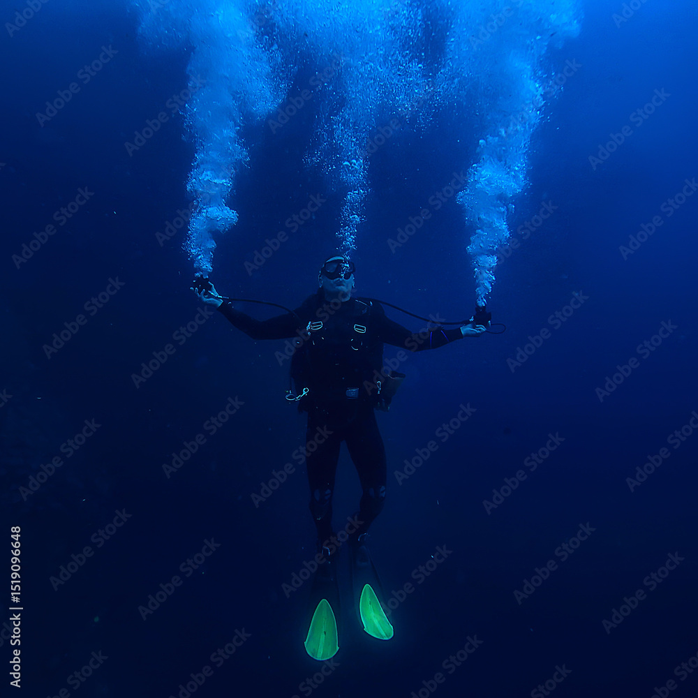 diver flippers view from the back underwater, underwater view of the back of a person swimming with scuba diving