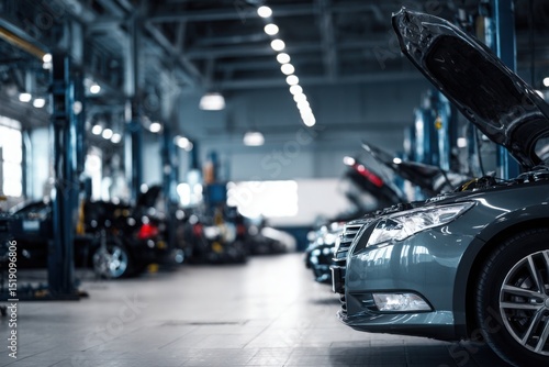 Car repair shop, a grey with an open hood in the foreground and other cars on lifting platforms for maintenance in the background. Car service center interior. Blurred background of a car workshop.