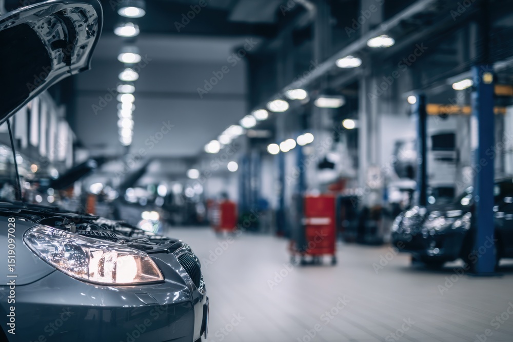 Car repair shop, a grey with an open hood in the foreground and other cars on lifting platforms for maintenance in the background. Car service center interior. Blurred background of a car workshop. Car repair shop, a grey with an open hood in the foreground and other cars on lifting platforms for maintenance in the background. Car service center interior. Blurred background of a car workshop.