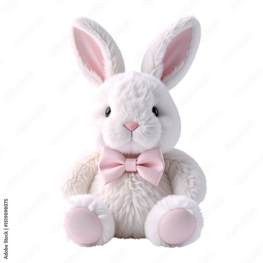 Obraz premium Cute Bunny Plush: A cuddly, plush bunny with delicate pink details, dressed in a charming bow tie, brings a touch of whimsy and warmth, evoking feelings of comfort and joy.