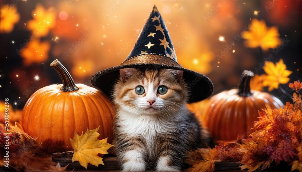 Naklejka premium Adorable Calico Kitten in Oversized Witchs Hat, Amidst Autumn Leaves and Pumpkins A Delightful Scene of Halloween Whimsy and Vibrant Fall Colors