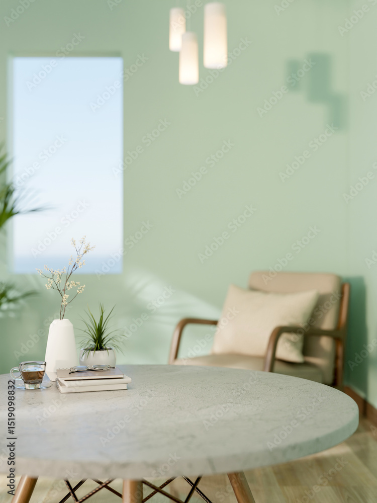 Fototapeta premium Books and coffee on marble table with armchair near rectangular hole in green mint wall living room.