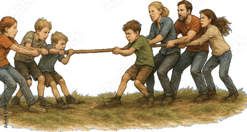 Vector sketch of a tug-of-war contest between two determined teams pulling on a thick rope during an outdoor game.
