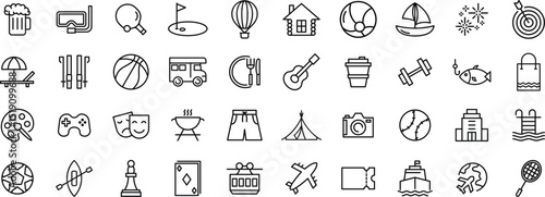 Hobby Icon Set, outdoor icon set, Featuring Popular Leisure Activities and Creative Pastimes in Flat Design, line icon
