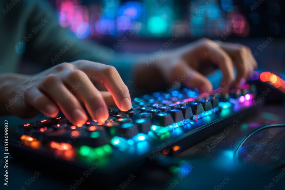 Fototapeta premium Hands typing on a mechanical keyboard with vibrant RGB backlighting