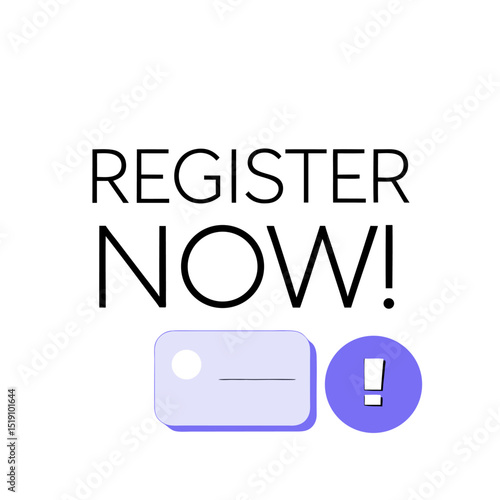 Register now text with a light purple card and exclamation point on a white background design
