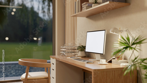 Εκτύπωση καμβά White screen computer on wooden study desk under hanging display shelf and a chair in a cosy room