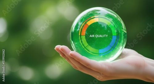 Hand Holding Green Crystal Globe Showing Air Quality Index Chart