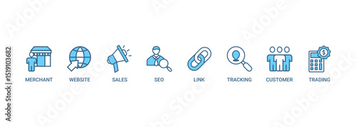 Affiliate marketing web banner icon set symbol vector illustration concept consists of trading, seo, tracking, customer, link, sales, website, merchant icon live stroke