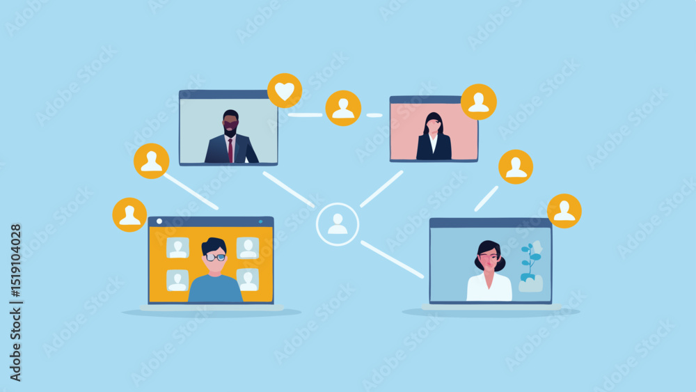 Illustration of a network of people connected through video calls on a light blue background Illustration of a network of people connected through video calls on a light blue background