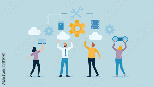 Teamwork illustration of people holding up clouds gear and tools on a light blue background design