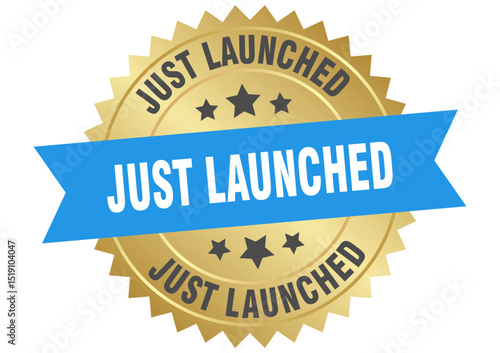 just launched. just launched round blue and gold label isolated on transparent background