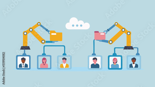 Automated data transfer between cloud and user profiles with robotic arms and folders icons
