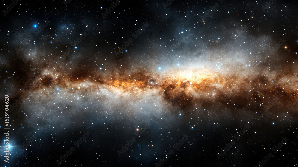 Obraz premium Massive galaxy seen edge with glowing dust lanes and bright stars creates stunning cosmic view