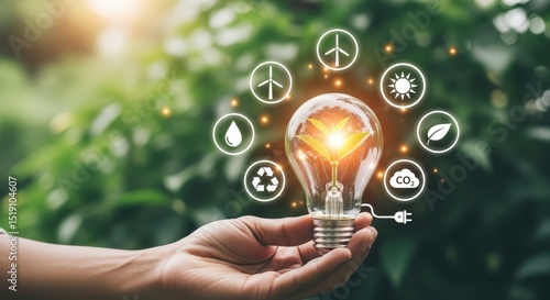 Wallpaper Mural Hand Holding Lightbulb with Green Plant Renewable Energy Icons Eco Friendly Concept Torontodigital.ca