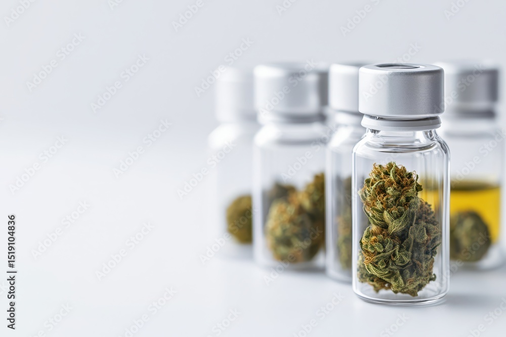 Cannabis and hemp innovation concept. Bottles containing cannabis and oil on a neutral background. Cannabis and hemp innovation concept. Bottles containing cannabis and oil on a neutral background.