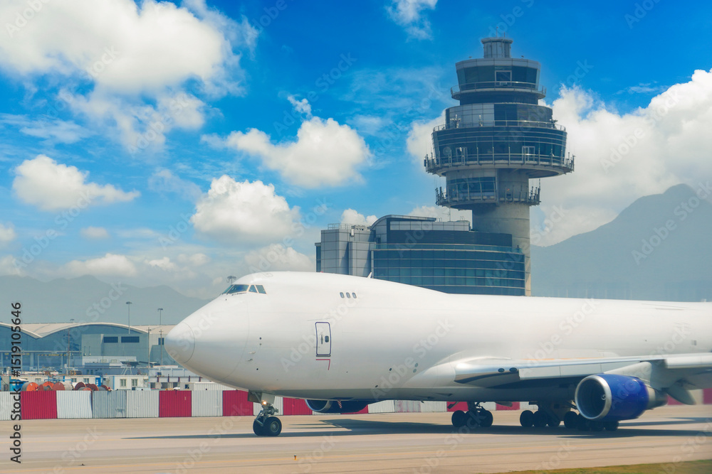 Fototapeta premium Heavy cargo plane passes the control tower at an airport before takeoff