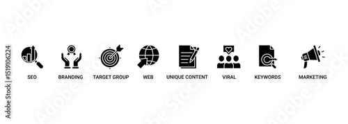 Content is king banner web icon set vector illustration concept with icon of seo, branding, web, target group, unique content, keywords, marketing, viral and ranking icons infographic symbol