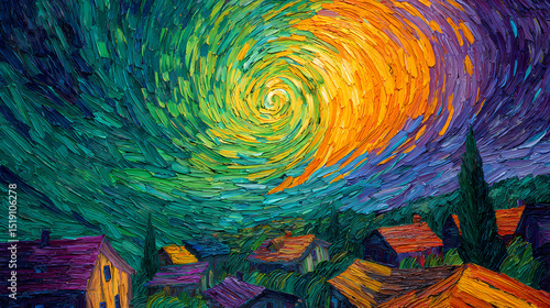 emotive poster for art therapy | obsessive motion | turbulent wonder | earth green and cobalt | central vortex | village rooftops | short choppy lines | broken brushwork | night sky contemplation |