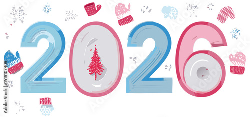 Blue and pink 2026 with winter hats, tree, and snowflakes for New Year greeting cards