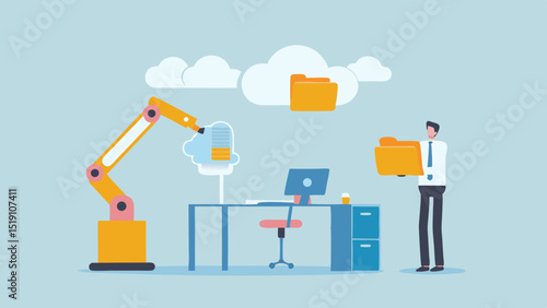 Illustration of automated data transfer to cloud with person and robotic arm in office