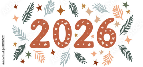 Brown 2026 with pine branches, stars, and festive decor for holiday and winter celebrations