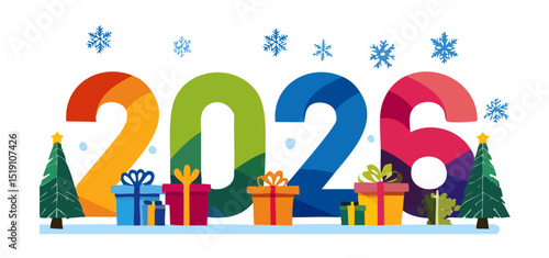 Bright 2026 with Christmas trees and gifts for December, New Year, and winter holiday cards