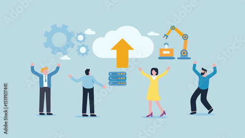 Illustration showing cloud computing with people, gears, robotic arm and data servers in a light blue scene