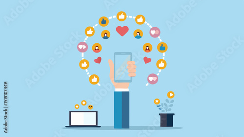 Hand holding phone surrounded by social media icons above a laptop and plant pot art work