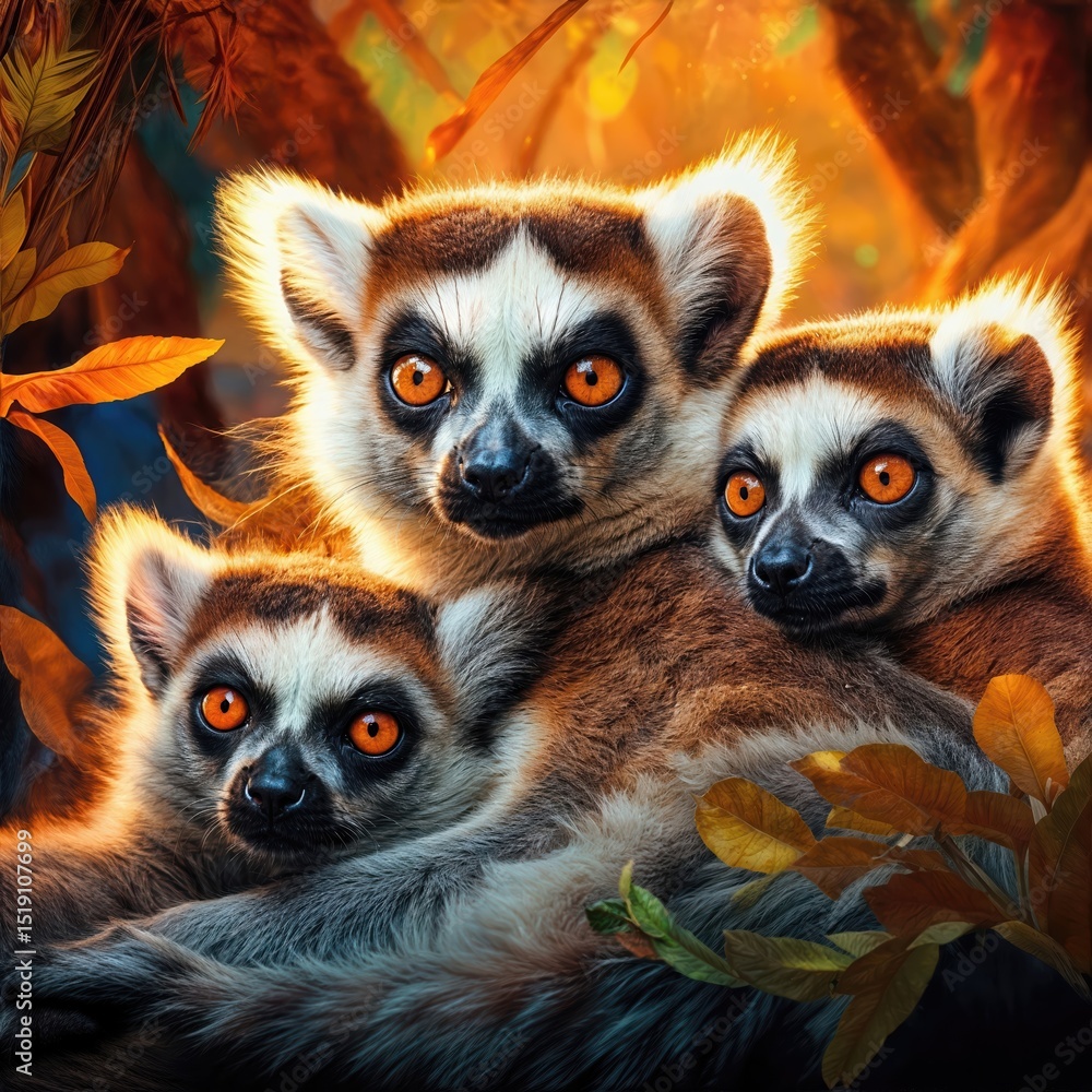 Obraz premium Lemur Gathering amidst the Lush Tropical Greenery of Madagascars Enchanted Forest, Portraying the Peaceful Coexistence of Primates and their Vibrant Habitat.