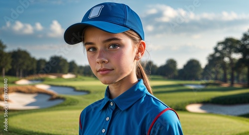 teen Caucasian girl in golf course background sports concept uniform portrait model photoshoot