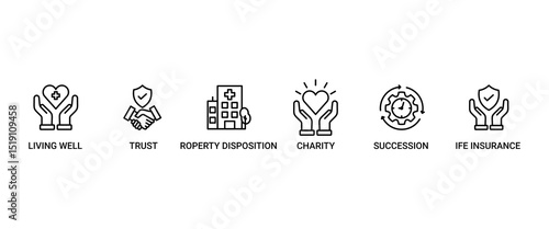 Estate planning banner web icon set vector illustration concept with icon of living well, trust, property disposition, charity, succession, life insurance perfect symbol background