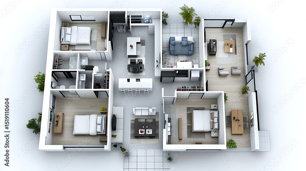 modern family house plan with minimalist furnishing in 3D modern family house plan with minimalist furnishing in 3D