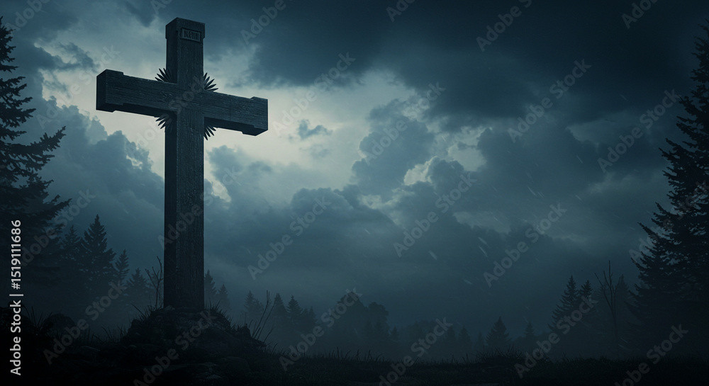 A stone cross stands silhouetted against a cloudy sky surrounded by trees in a dark and moody scene A stone cross stands silhouetted against a cloudy sky surrounded by trees in a dark and moody scene