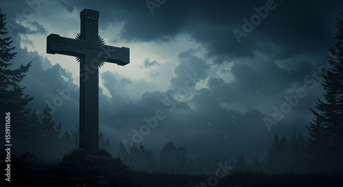 A stone cross stands silhouetted against a cloudy sky surrounded by trees in a dark and moody scene